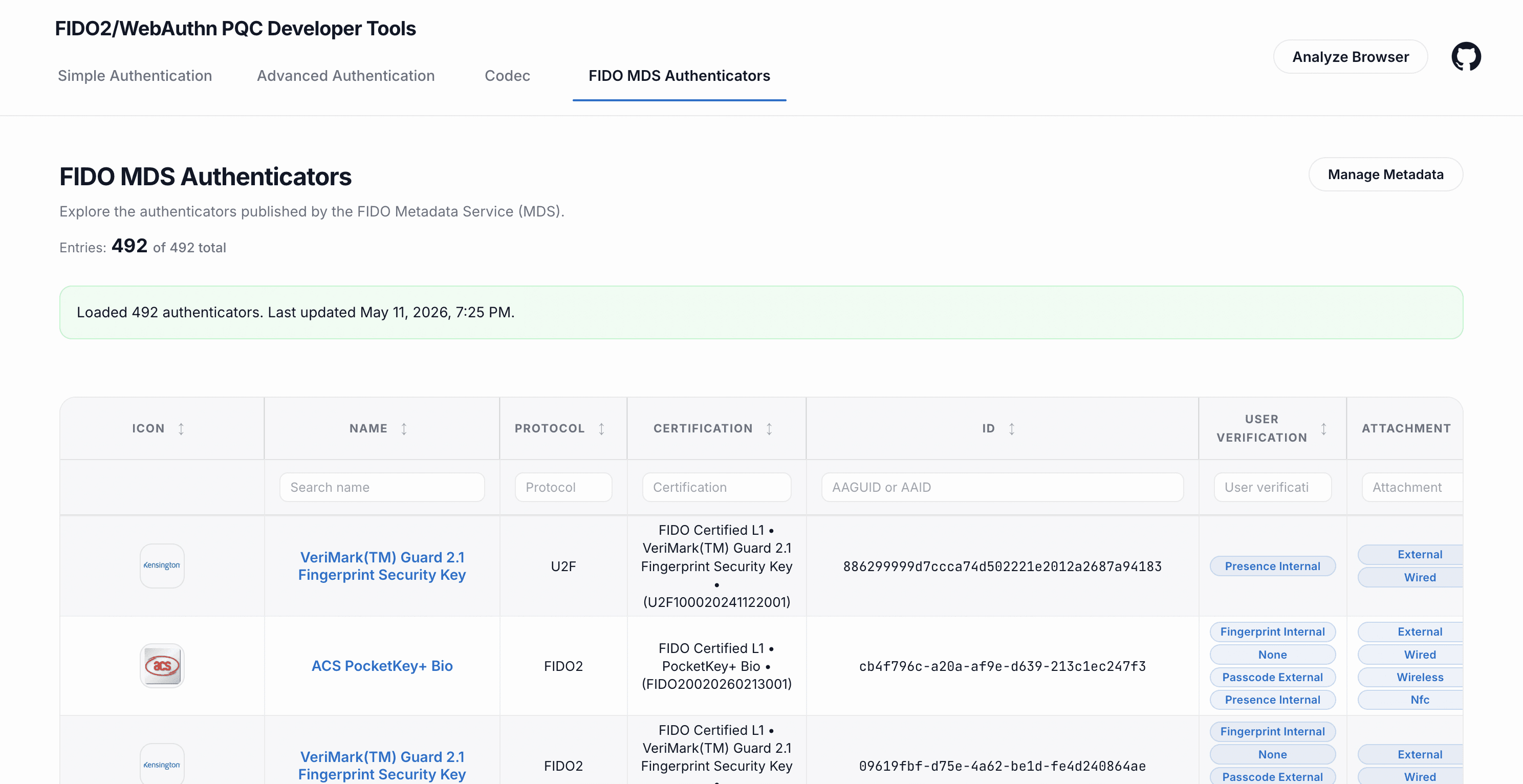 The advanced tab of the WebAuthn developer platform, with an editable request and a decoded response