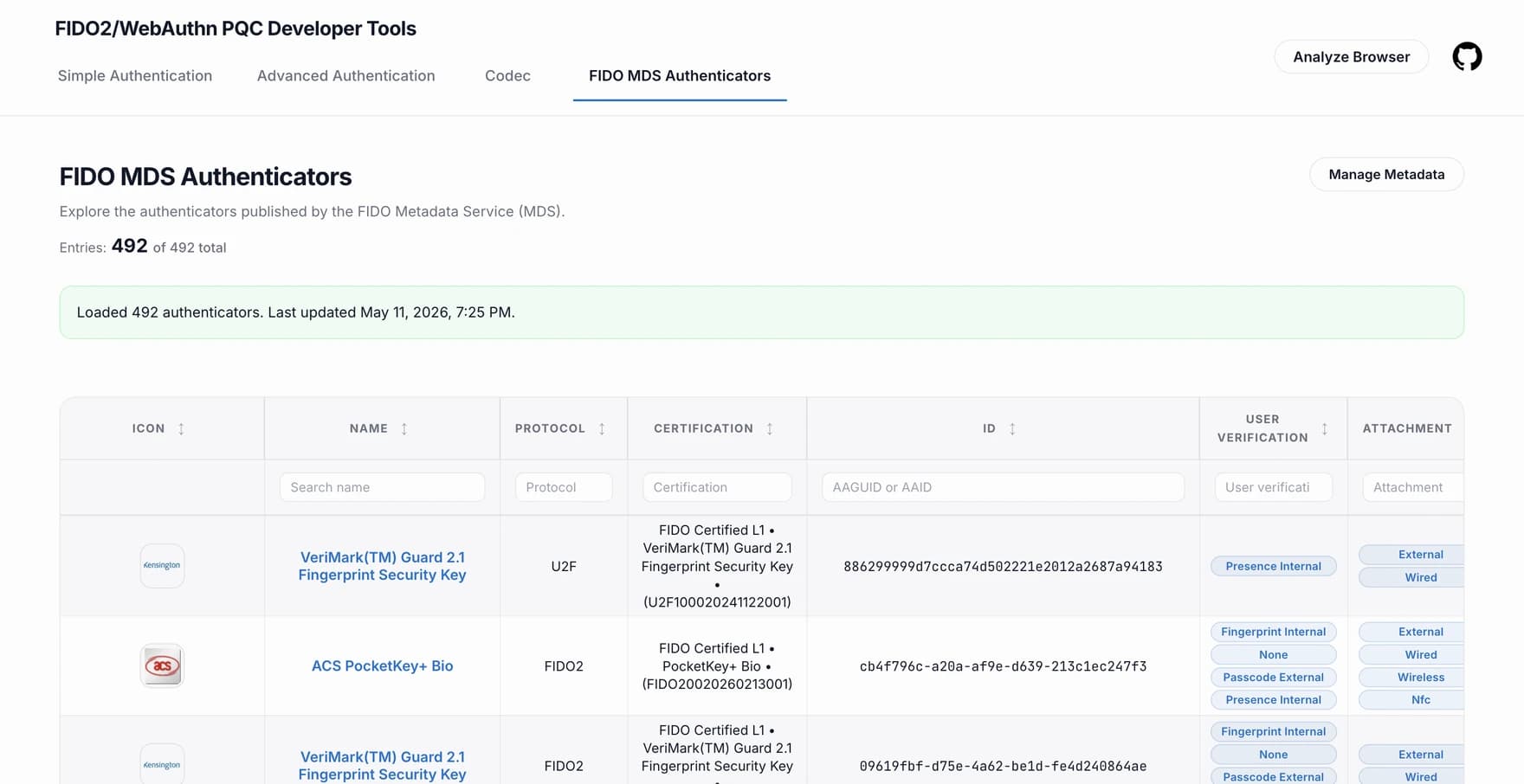 The advanced tab of the WebAuthn developer platform, with an editable request and a decoded response