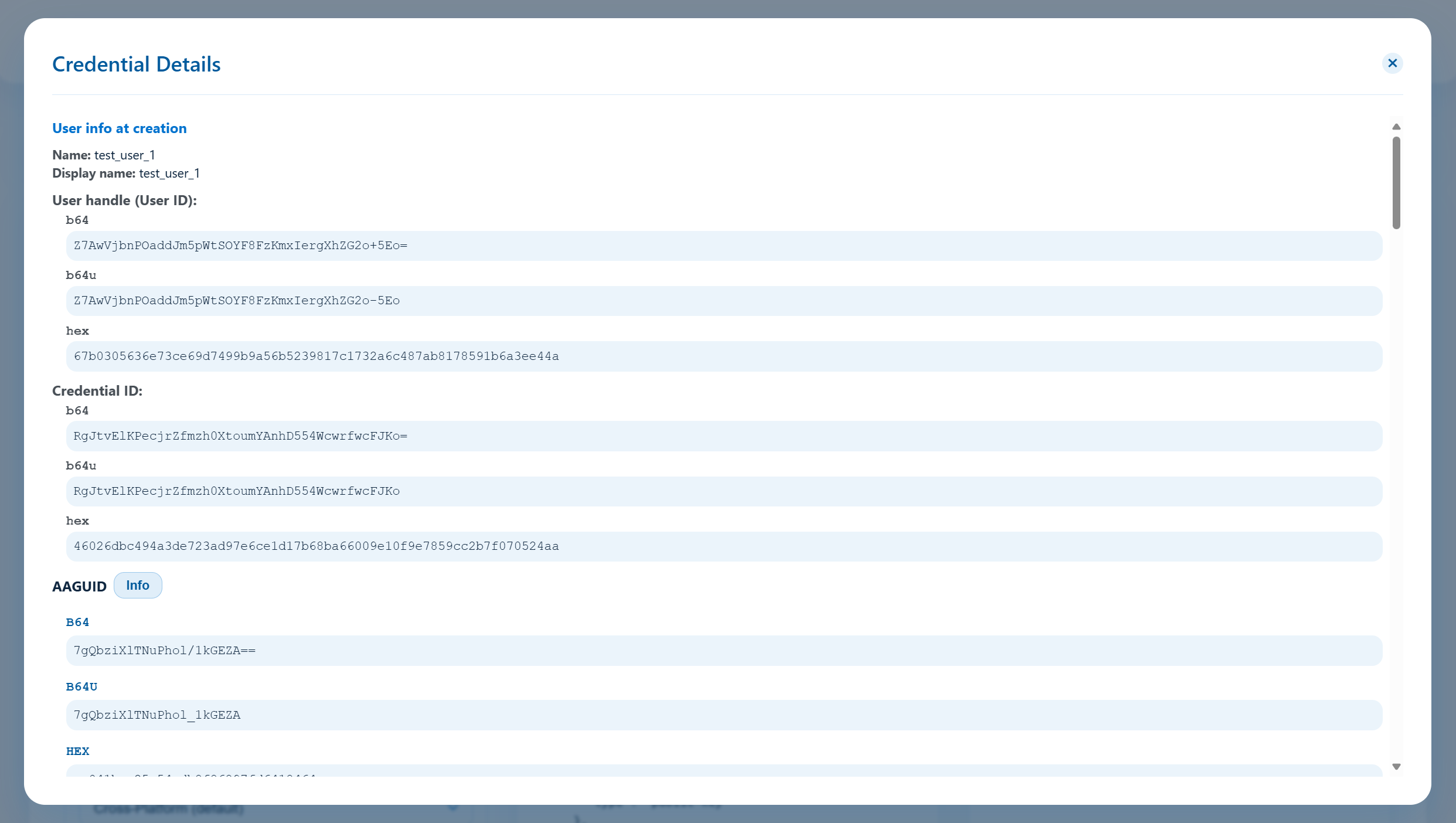 Saved credentials list with badges highlighting discoverable and PQC traits