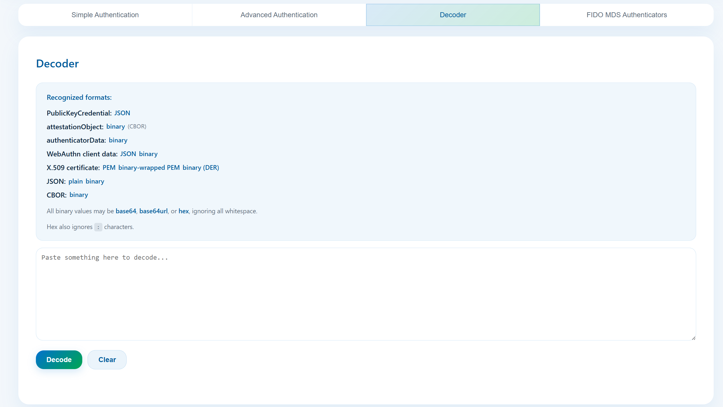 Decoder tab showing parsed WebAuthn payloads and raw output toggles