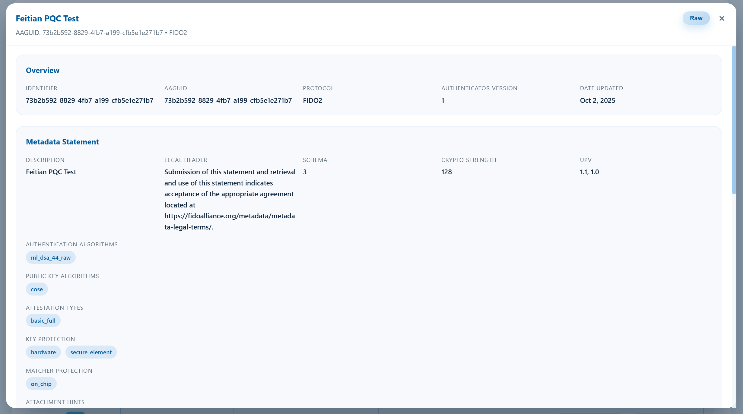 Authenticator detail modal showing metadata-derived attributes and attestation certificates