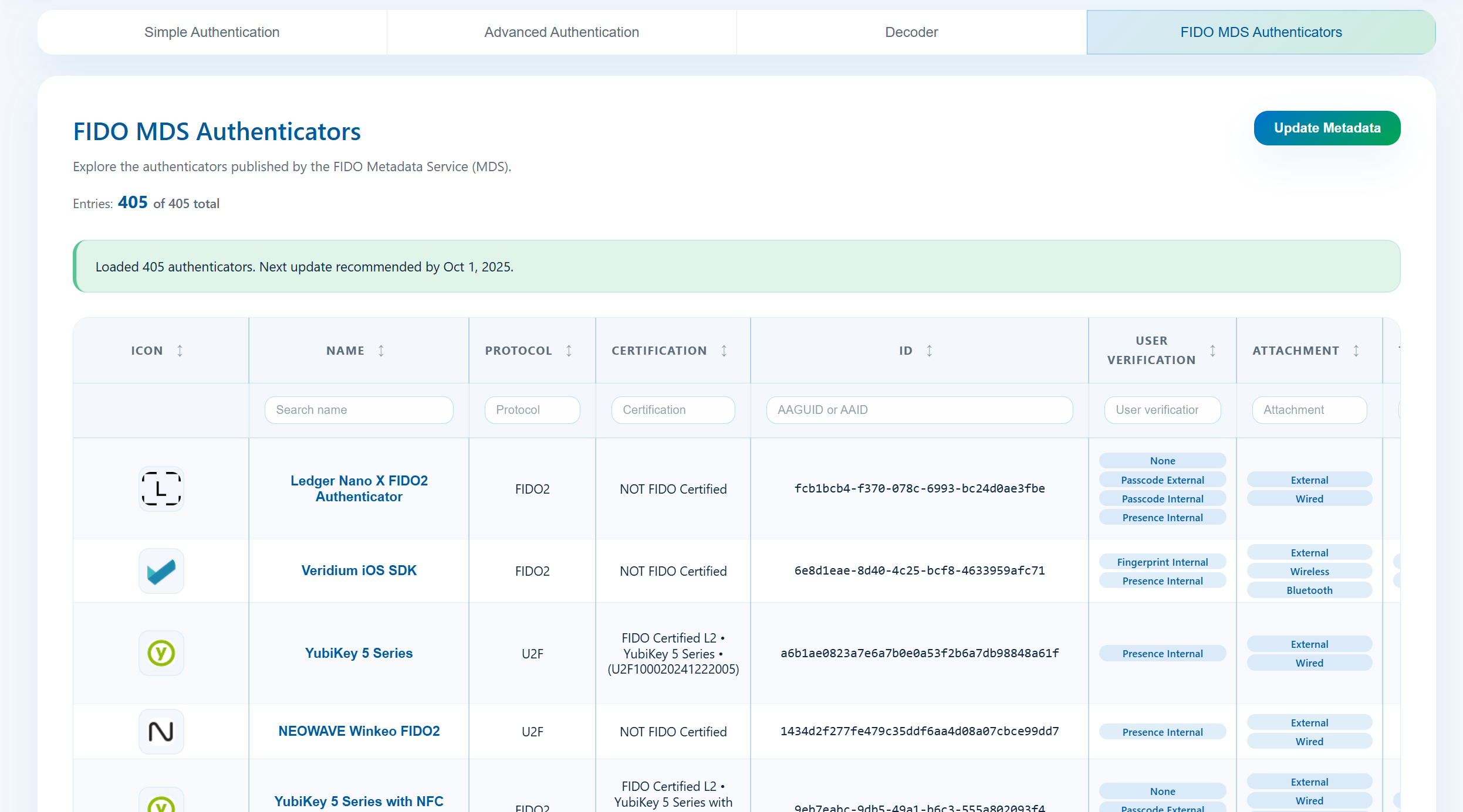 FIDO MDS explorer with authenticator table and filter controls